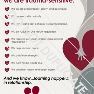 Watermarked preview of the Trauma-Sensitive School printable poster featuring key beliefs about safety, regulation, compassion, and relational learning for educators.