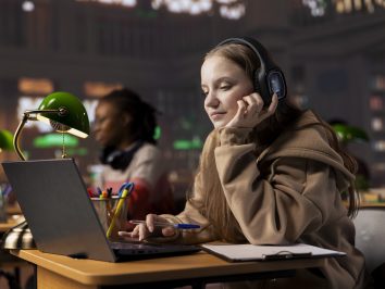 College scholar paying attention during online class webinar via video conferencing, takes notes from the web lecture discussion while sitting in the library on campus. Girl attends remote lesson.